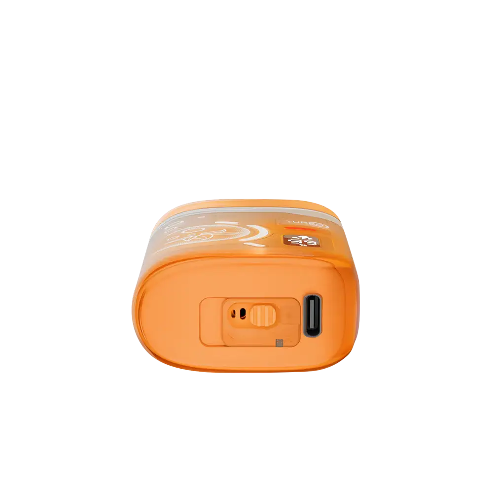 Bottom view of an orange ELFBAR BC Pro 80K Peach Mango Watermelon disposable vape showing the USB-C charging port and airflow adjustment switch.