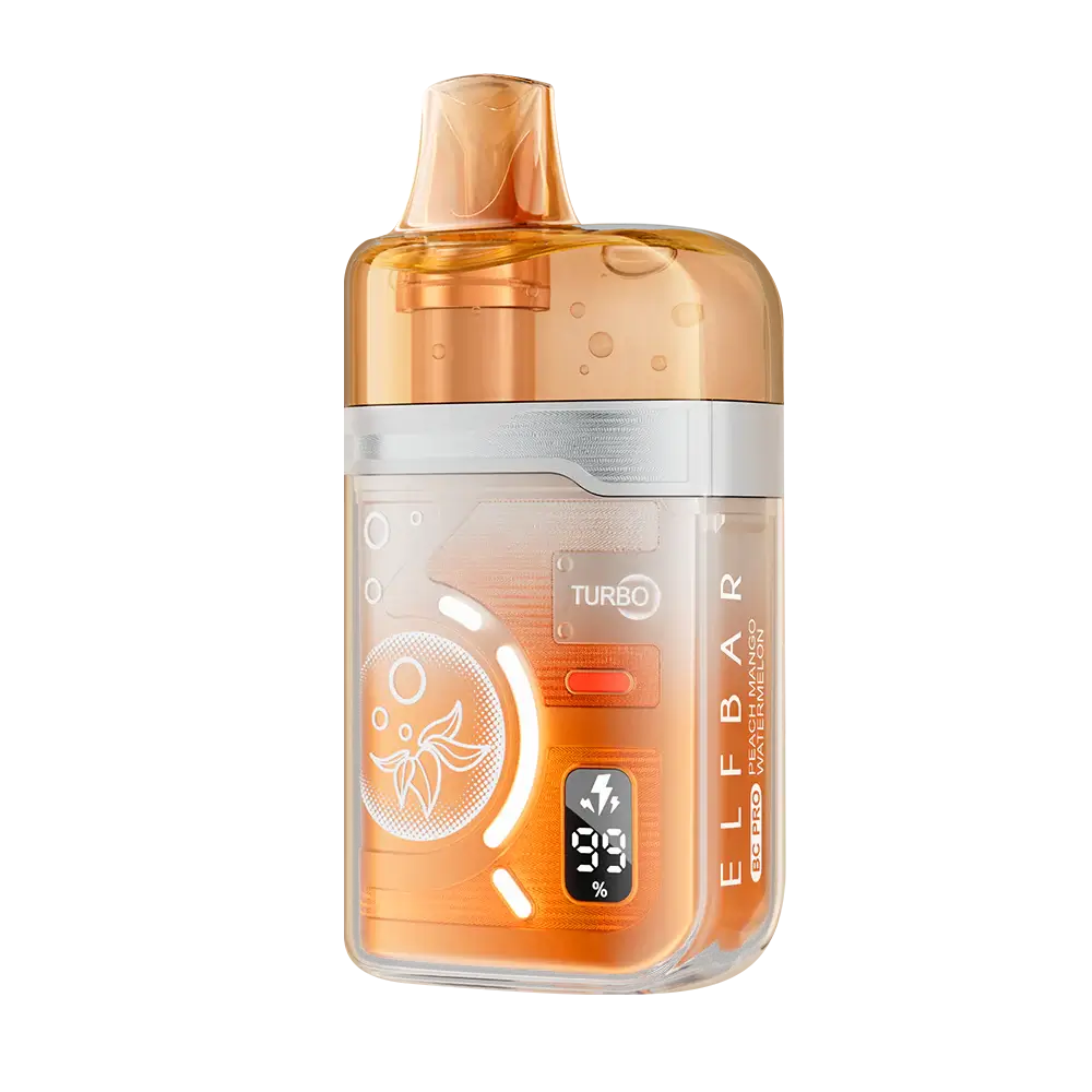 An orange ELFBAR BC Pro Peach Mango Watermelon disposable vape featuring a transparent outer shell, a digital battery and e-liquid display, and a Turbo mode indicator.