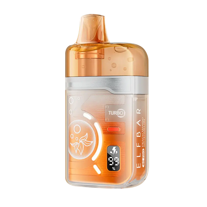 An orange ELFBAR BC Pro Peach Mango Watermelon disposable vape featuring a transparent outer shell, a digital battery and e-liquid display, and a Turbo mode indicator.