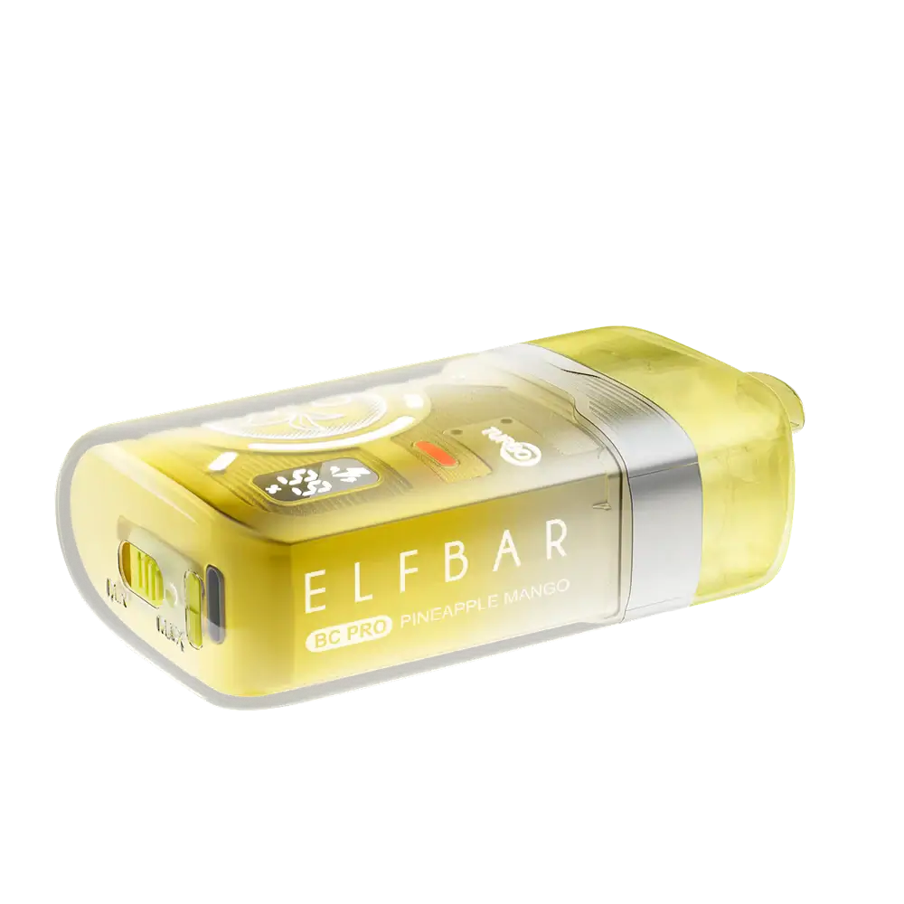 An ELFBAR BC Pro Pineapple Mango disposable vape featuring a yellow translucent shell with a digital display and adjustable airflow switch on a plain white background.
