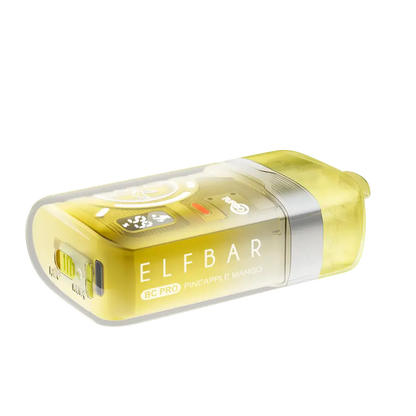 An ELFBAR BC Pro Pineapple Mango disposable vape featuring a yellow translucent shell with a digital display and adjustable airflow switch on a plain white background.