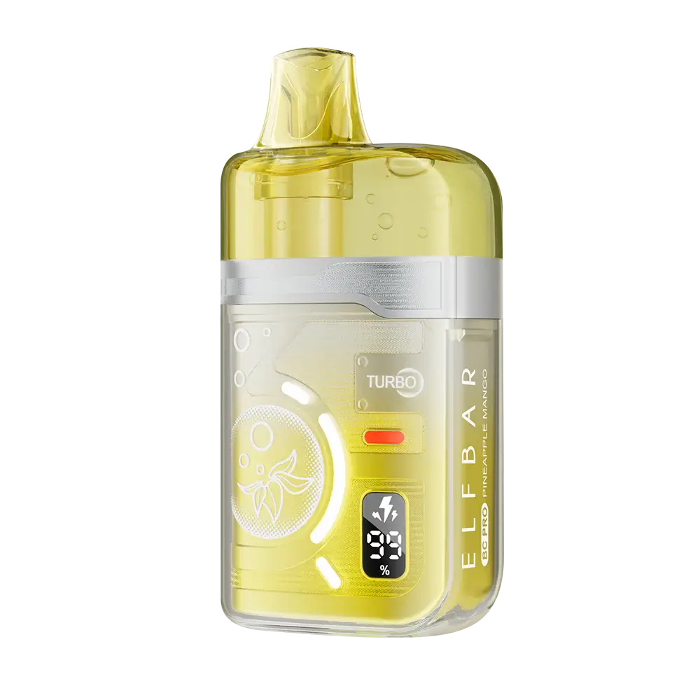ELFBAR BC Pro 80K Pineapple Mango disposable vape featuring a transparent yellow casing with a digital display showing battery and e-liquid levels.