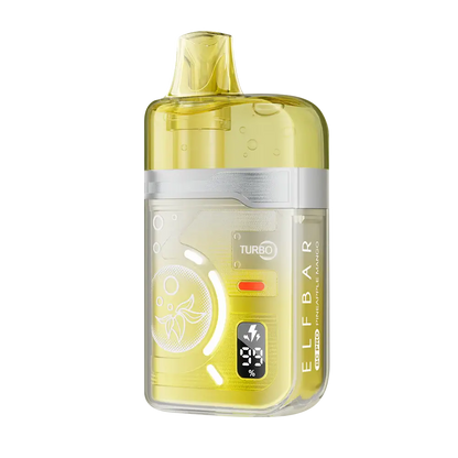ELFBAR BC Pro 80K Pineapple Mango disposable vape featuring a transparent yellow casing with a digital display showing battery and e-liquid levels.