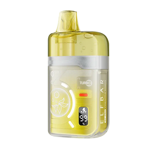 ELFBAR BC Pro 80K Pineapple Mango disposable vape featuring a transparent yellow casing with a digital display showing battery and e-liquid levels.