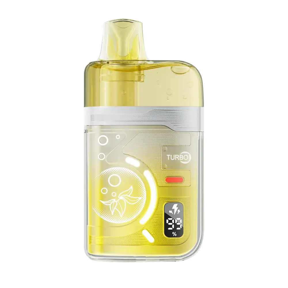 An ELFBAR BC Pro 80K Pineapple Mango disposable vape featuring a transparent yellow casing, a digital battery percentage display, and a Turbo mode indicator.
