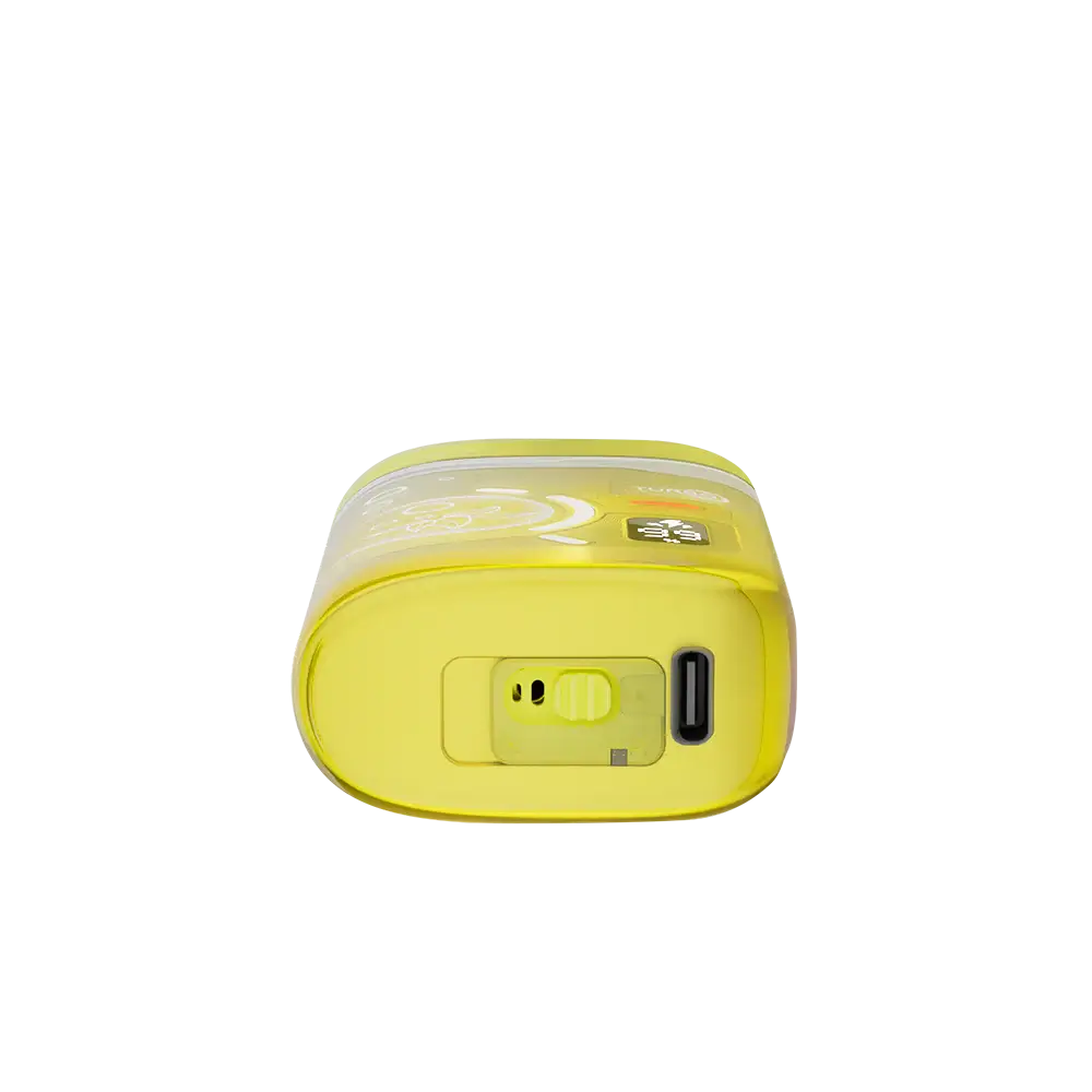 Bottom view of a yellow ELFBAR BC Pro 80K Pineapple Mango disposable vape showing the USB-C charging port and airflow control switch.