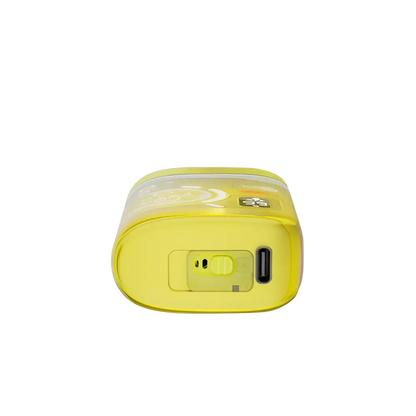Bottom view of a yellow ELFBAR BC Pro 80K Pineapple Mango disposable vape showing the USB-C charging port and airflow control switch.