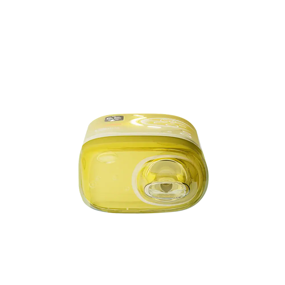 Top-down view of a yellow ELFBAR BC Pro 80K Pineapple Mango disposable vape featuring a clear mouthpiece and a digital display screen.