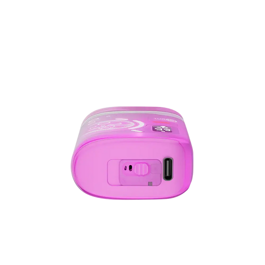 Bottom view of a pink ELFBAR BC Pro 80K Strawberry Banana disposable vape showing the USB-C charging port and airflow adjustment switch.
