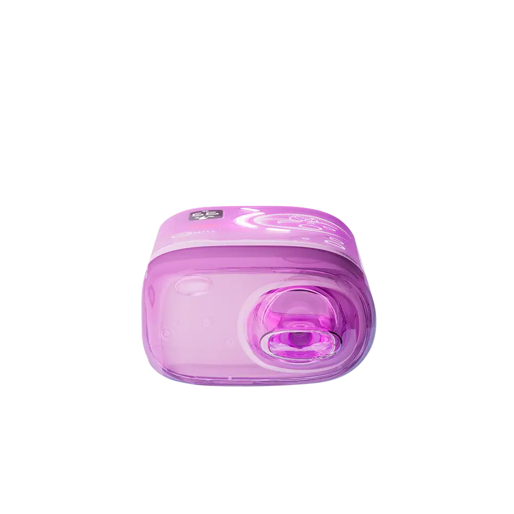 Top-down view of a purple ELFBAR BC Pro 80K Strawberry Banana disposable vape featuring a translucent pink mouthpiece and a digital display screen.