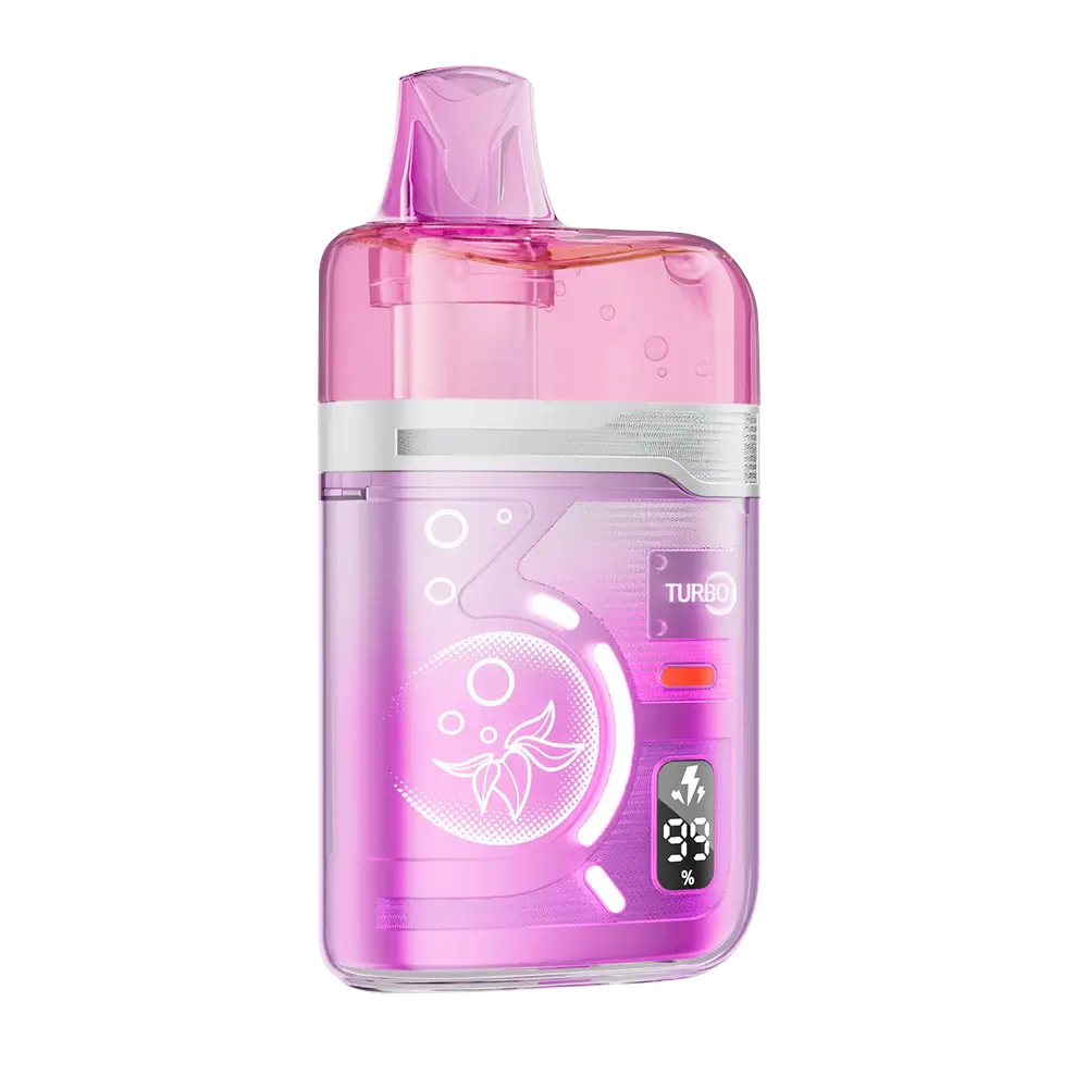 The ELFBAR BC Pro 80K Strawberry Banana disposable vape features a translucent pink and purple body with a digital display showing battery and e-liquid levels alongside a Turbo indicator.