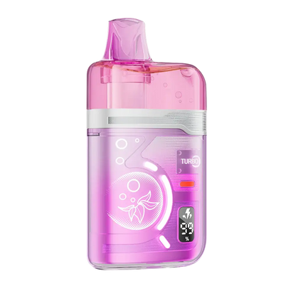 The ELFBAR BC Pro 80K Strawberry Banana disposable vape features a translucent pink and purple body with a digital display showing battery and e-liquid levels alongside a Turbo indicator.