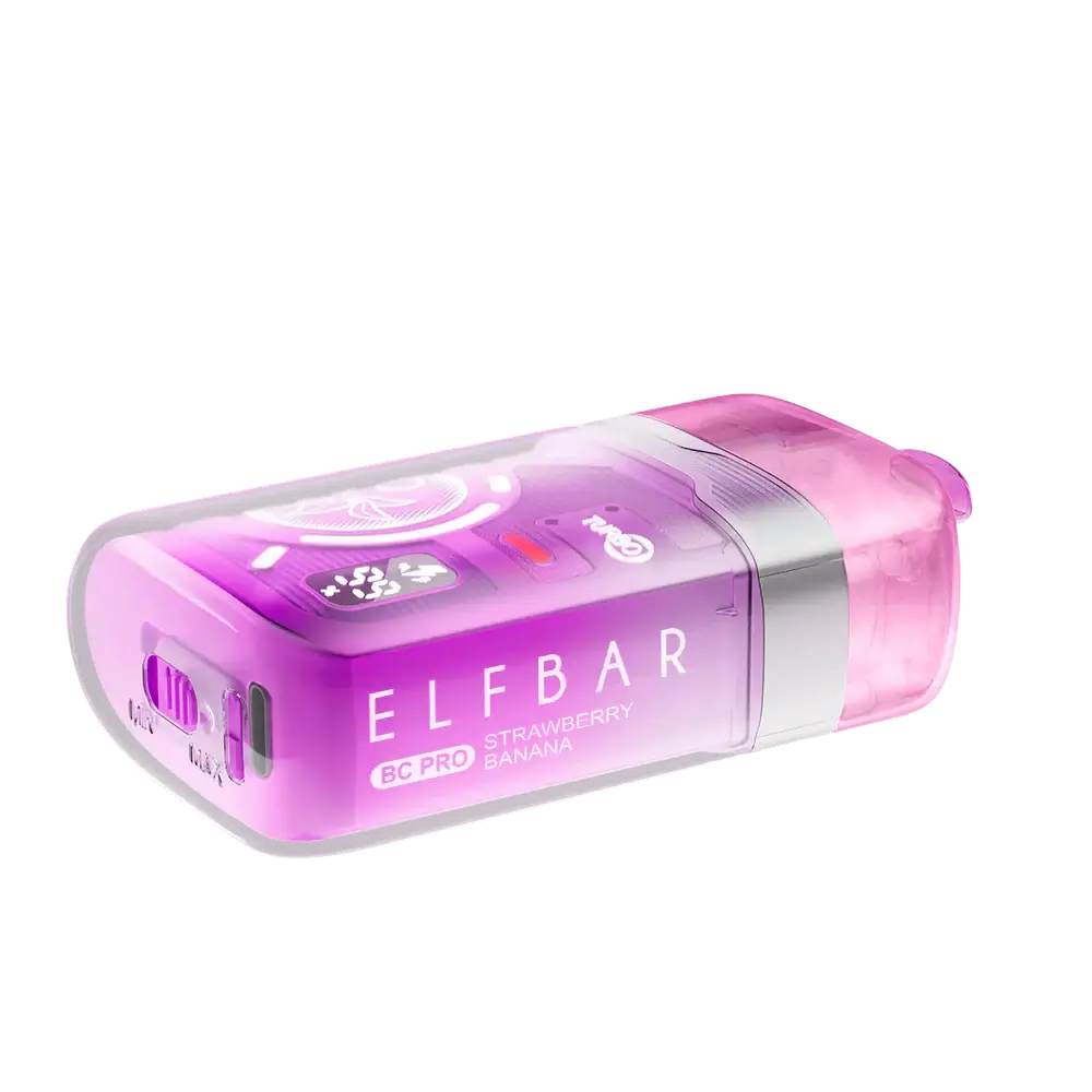 An ELFBAR BC Pro Strawberry Banana disposable vape with a translucent pink and purple shell featuring a digital display and adjustable airflow switch on a white background.