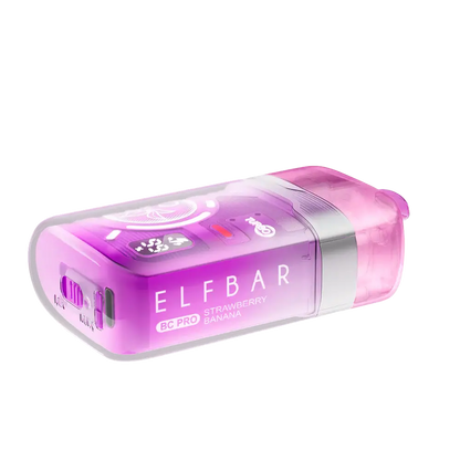 An ELFBAR BC Pro Strawberry Banana disposable vape with a translucent pink and purple shell featuring a digital display and adjustable airflow switch on a white background.