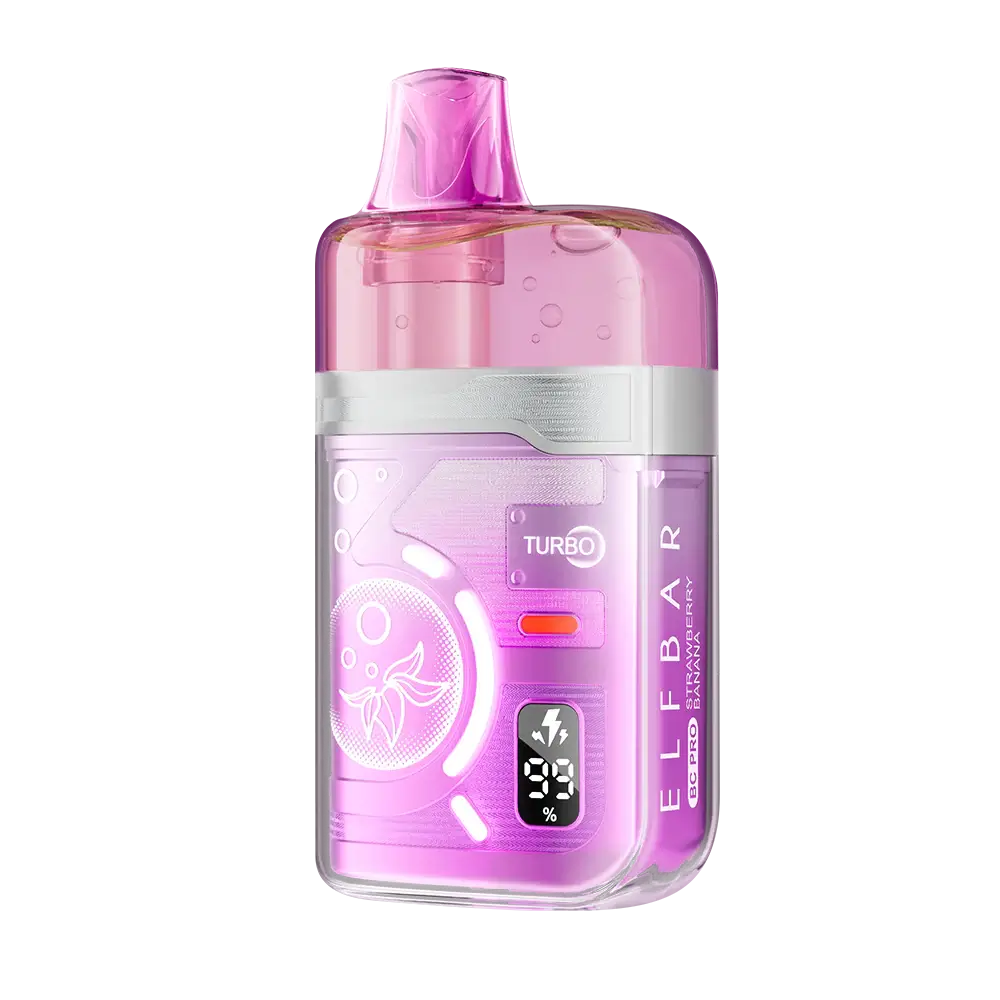 An ELFBAR BC Pro Strawberry Banana disposable vape featuring a pink translucent shell, a digital display screen showing battery and e-liquid levels, and a Turbo mode indicator.