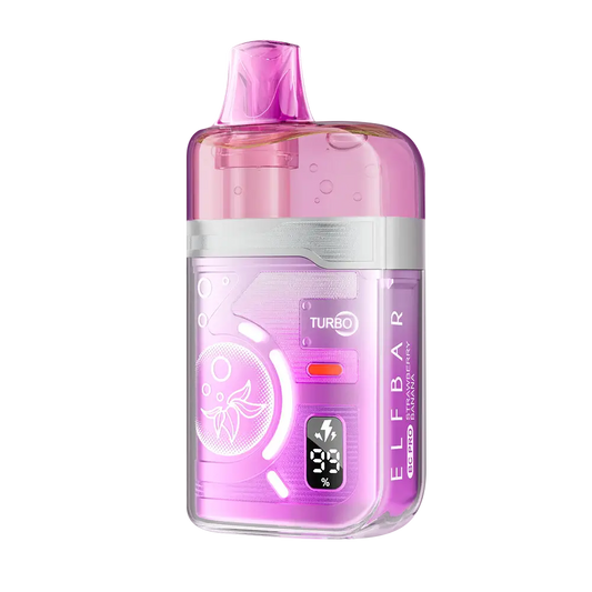 An ELFBAR BC Pro Strawberry Banana disposable vape featuring a pink translucent shell, a digital display screen showing battery and e-liquid levels, and a Turbo mode indicator.