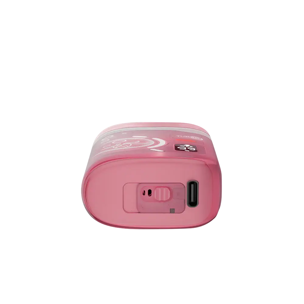 Bottom view of a pink ELFBAR BC Pro 80K Strawberry Ice disposable vape showing the USB-C charging port and airflow adjustment switch.