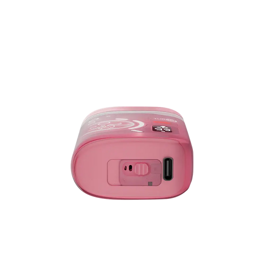 Bottom view of a pink ELFBAR BC Pro 80K Strawberry Ice disposable vape showing the USB-C charging port and airflow adjustment switch.