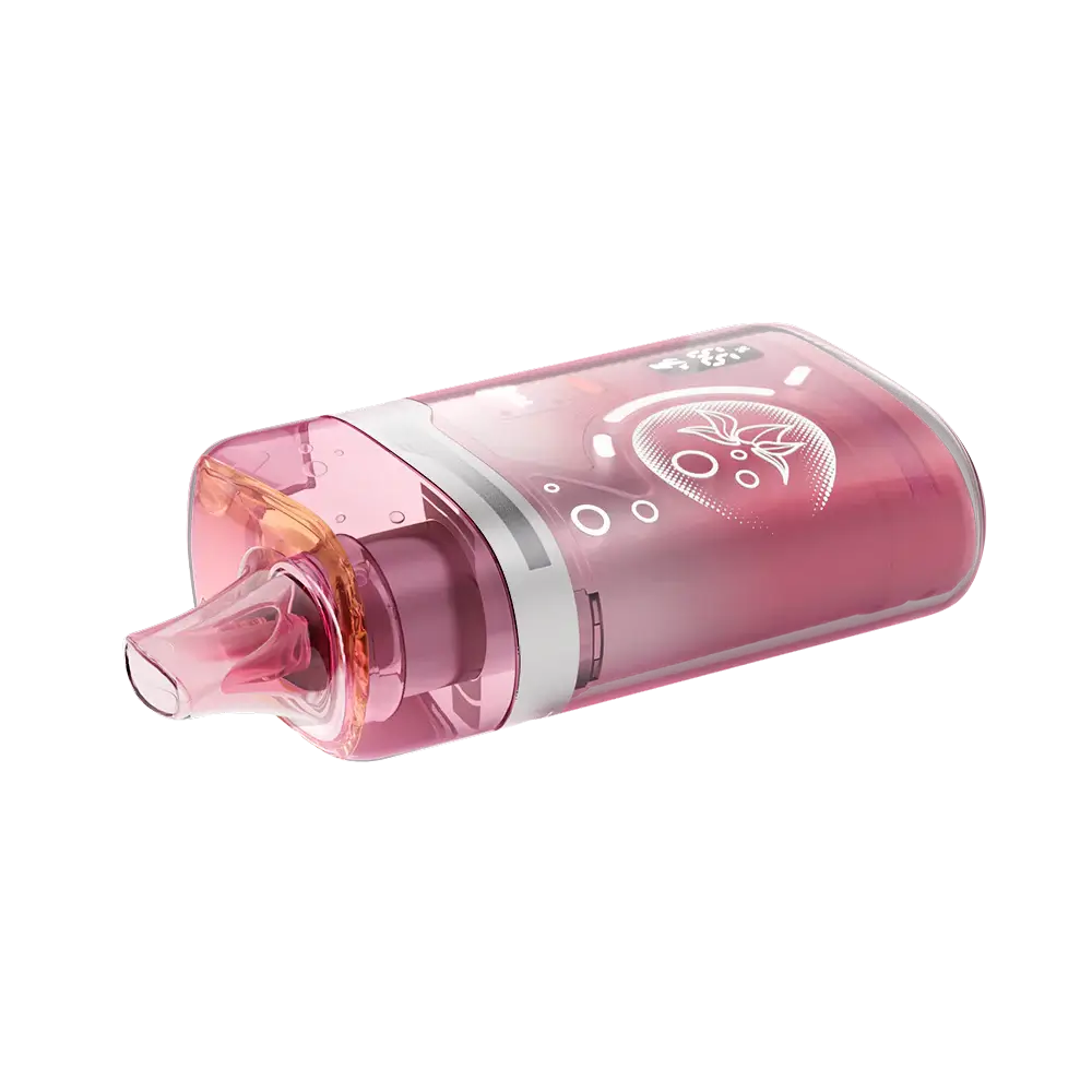 An ELFBAR BC Pro 80K Strawberry Ice disposable vape featuring a translucent pink shell with a strawberry graphic and a clear mouthpiece, shown from a side angle on a white background.