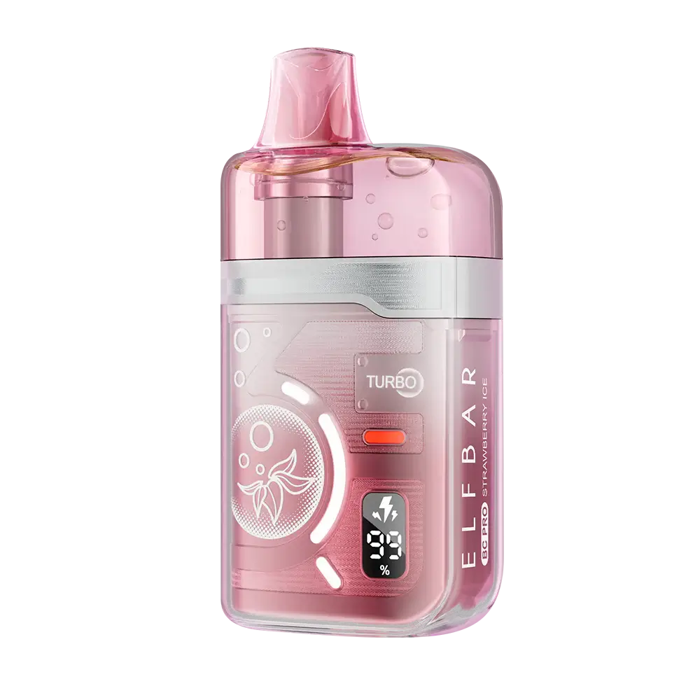 An ELFBAR BC Pro 80K Strawberry Ice disposable vape featuring a translucent pink shell, a digital battery and e-liquid display, and a Turbo mode button.
