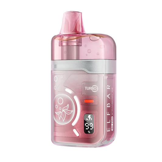 An ELFBAR BC Pro 80K Strawberry Ice disposable vape featuring a translucent pink shell, a digital battery and e-liquid display, and a Turbo mode button.