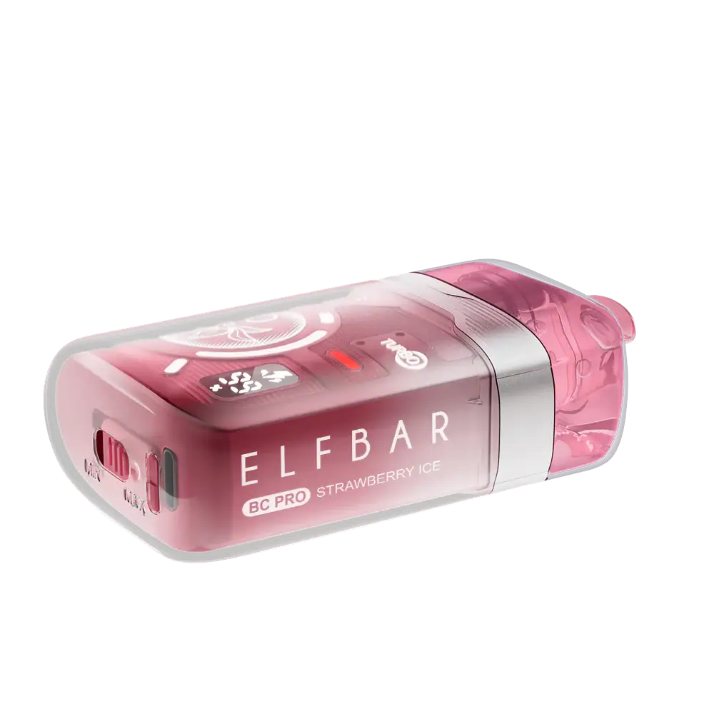 An ELFBAR BC Pro Strawberry Ice disposable vape featuring a translucent pink outer shell, a digital display screen, and a silver band near the mouthpiece.