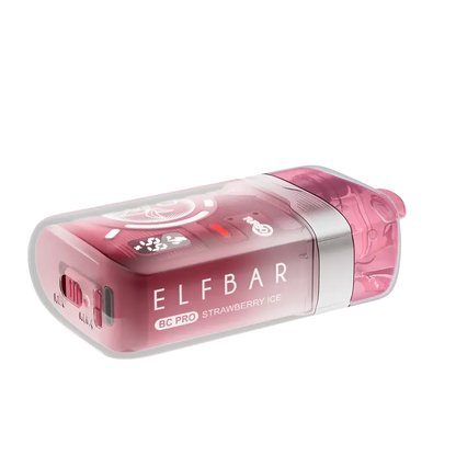 An ELFBAR BC Pro Strawberry Ice disposable vape featuring a translucent pink outer shell, a digital display screen, and a silver band near the mouthpiece.