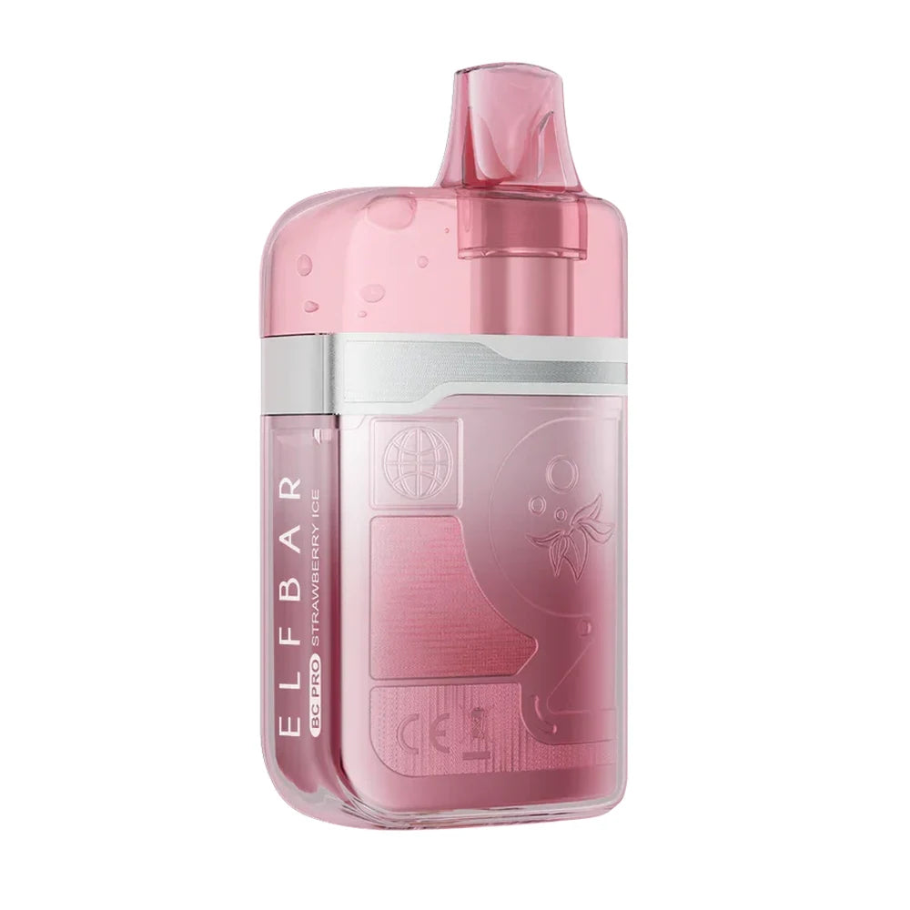 An ELFBAR BC Pro Strawberry Ice disposable vape featuring a translucent pink shell with a silver band and visible internal components, labeled with ELFBAR BC PRO Strawberry Ice text.