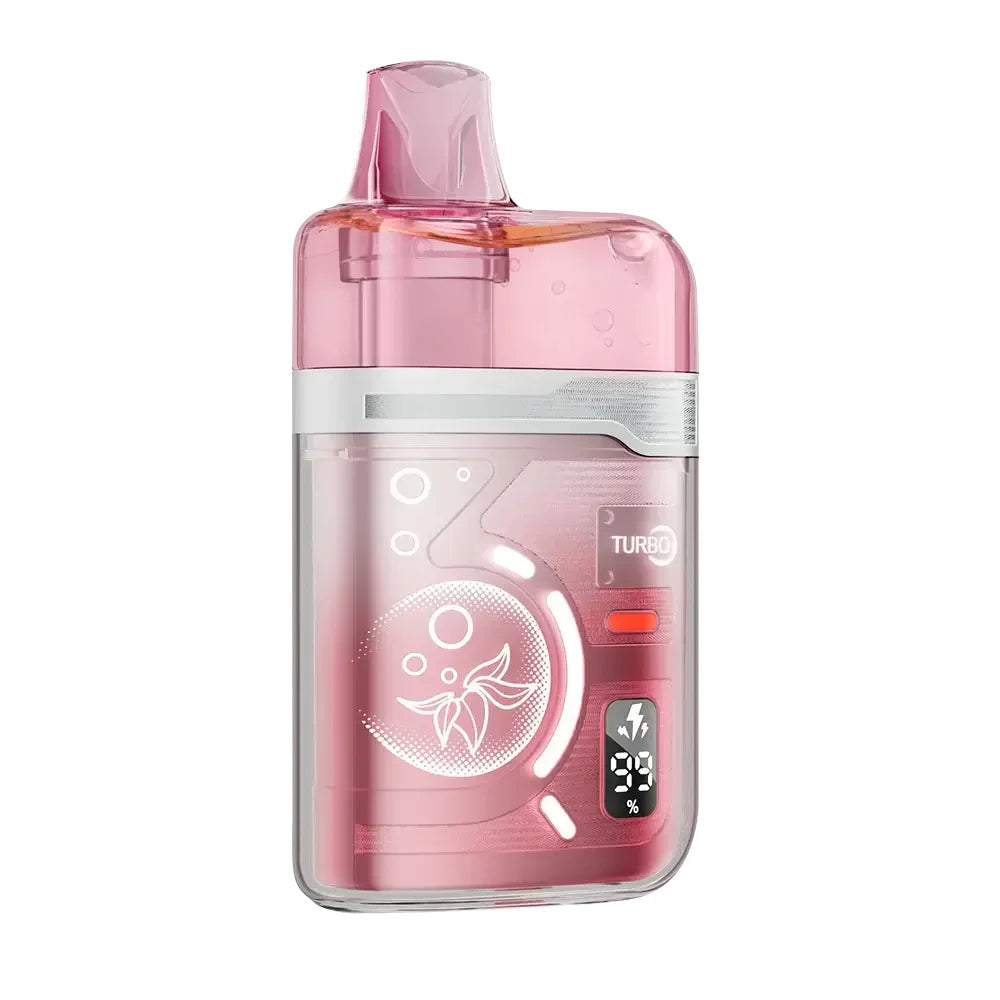 A pink ELFBAR BC Pro 80K Strawberry Ice disposable vape featuring a transparent casing, a digital battery display showing 99 percent, and a Turbo mode indicator against a plain white background.