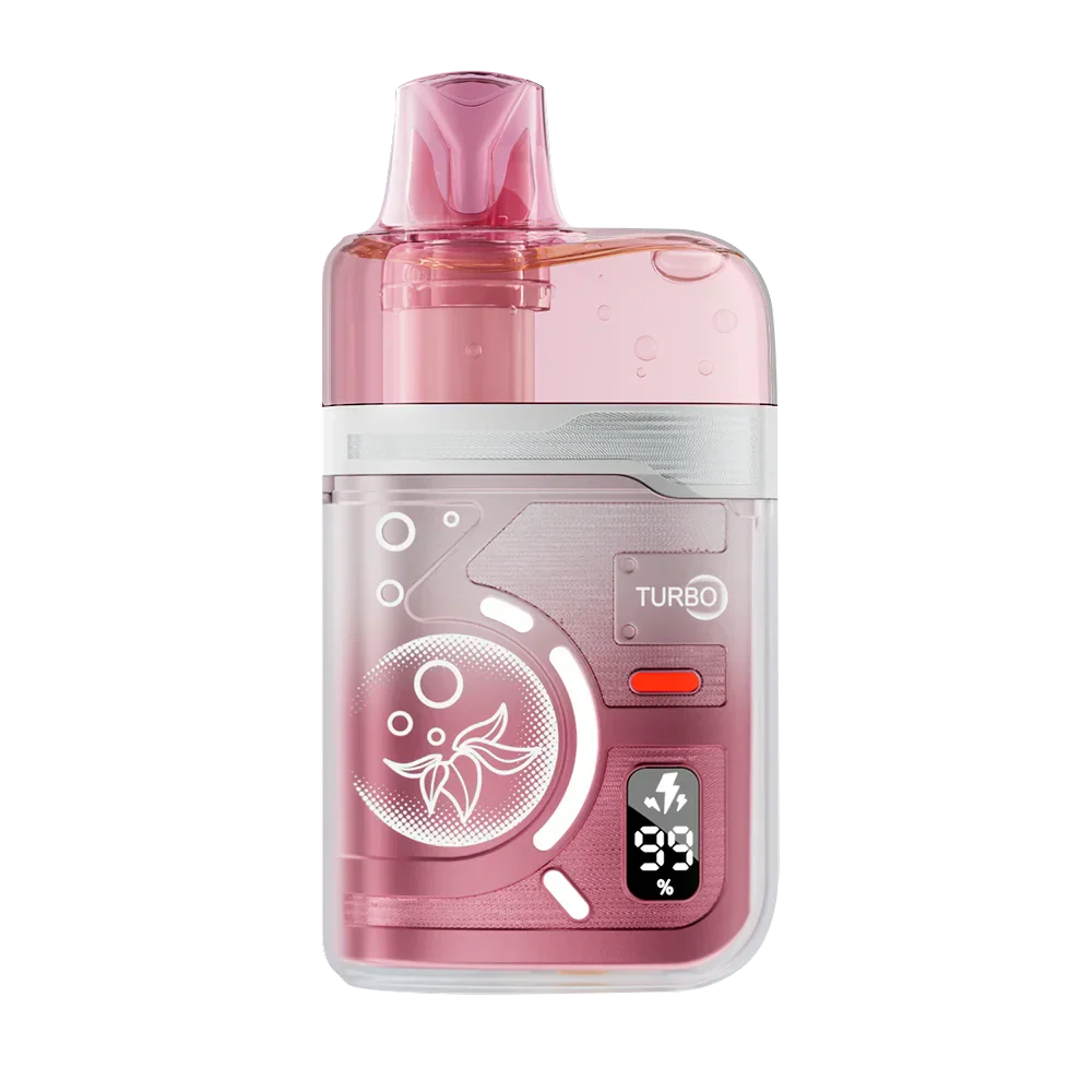 An ELFBAR BC Pro 80K Strawberry Ice disposable vape featuring a pink metallic body encased in a clear shell with a digital display showing 99 percent battery life and a Turbo mode indicator.