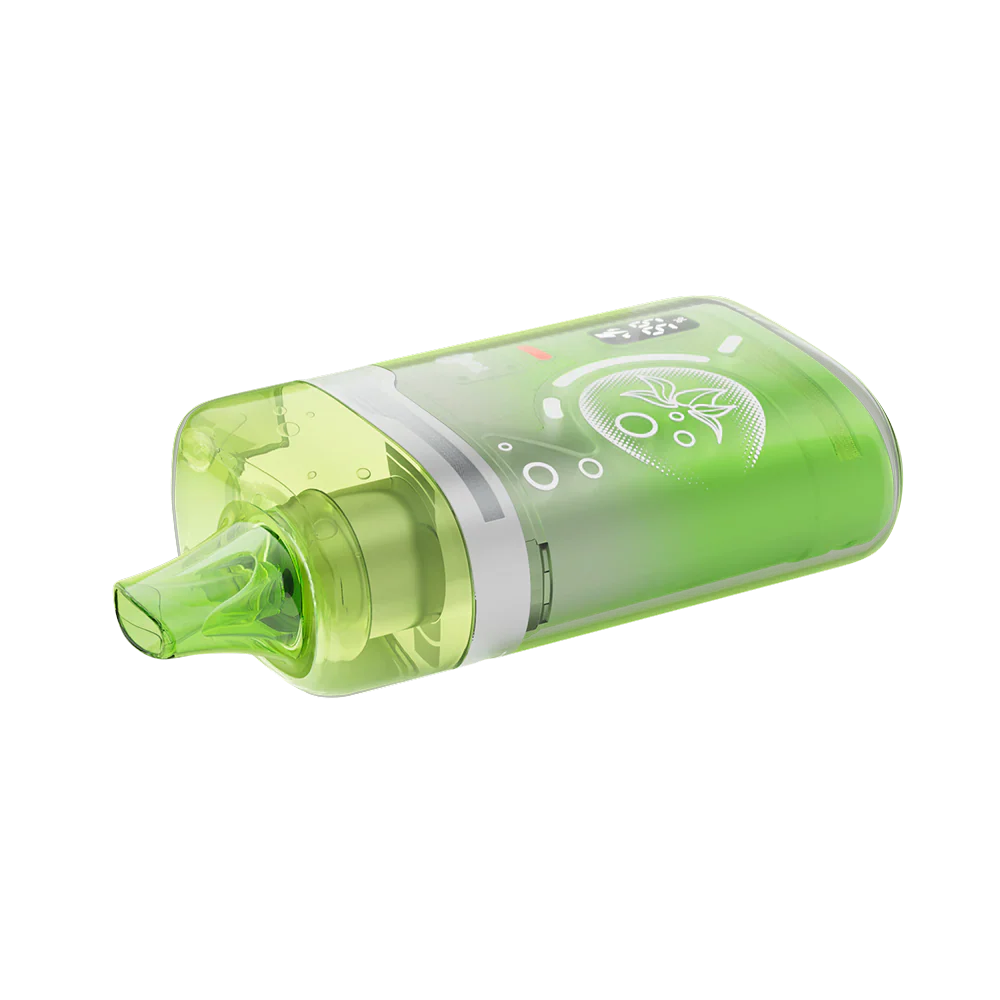 An ELFBAR BC Pro 80K Strawberry Kiwi Ice disposable vape featuring a translucent lime green shell with a digital display and white strawberry and kiwi graphics.