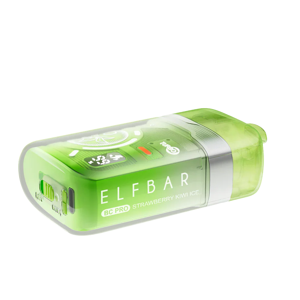 A lime green ELFBAR BC Pro 80K Strawberry Kiwi Ice disposable vape featuring a translucent outer shell, a digital display screen, and a silver band near the mouthpiece.