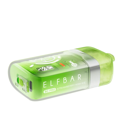 A lime green ELFBAR BC Pro 80K Strawberry Kiwi Ice disposable vape featuring a translucent outer shell, a digital display screen, and a silver band near the mouthpiece.