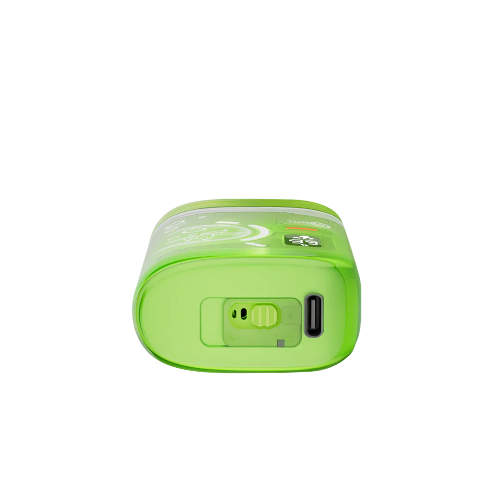 Bottom view of a lime green ELFBAR BC Pro 80K Strawberry Kiwi Ice disposable vape showing the USB-C charging port and airflow control switch.
