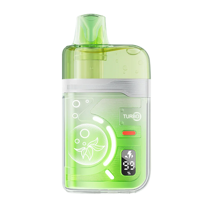 An ELFBAR BC Pro 80K Strawberry Kiwi Ice disposable vape featuring a translucent lime green casing with a digital battery percentage display and Turbo mode indicator.