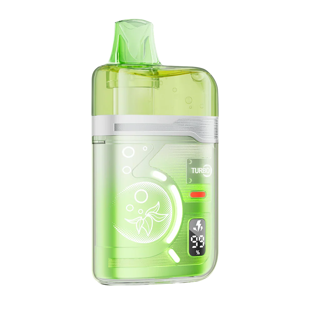 An ELFBAR BC Pro 80K Strawberry Kiwi Ice disposable vape featuring a translucent lime green shell with a digital battery display and Turbo mode indicator.