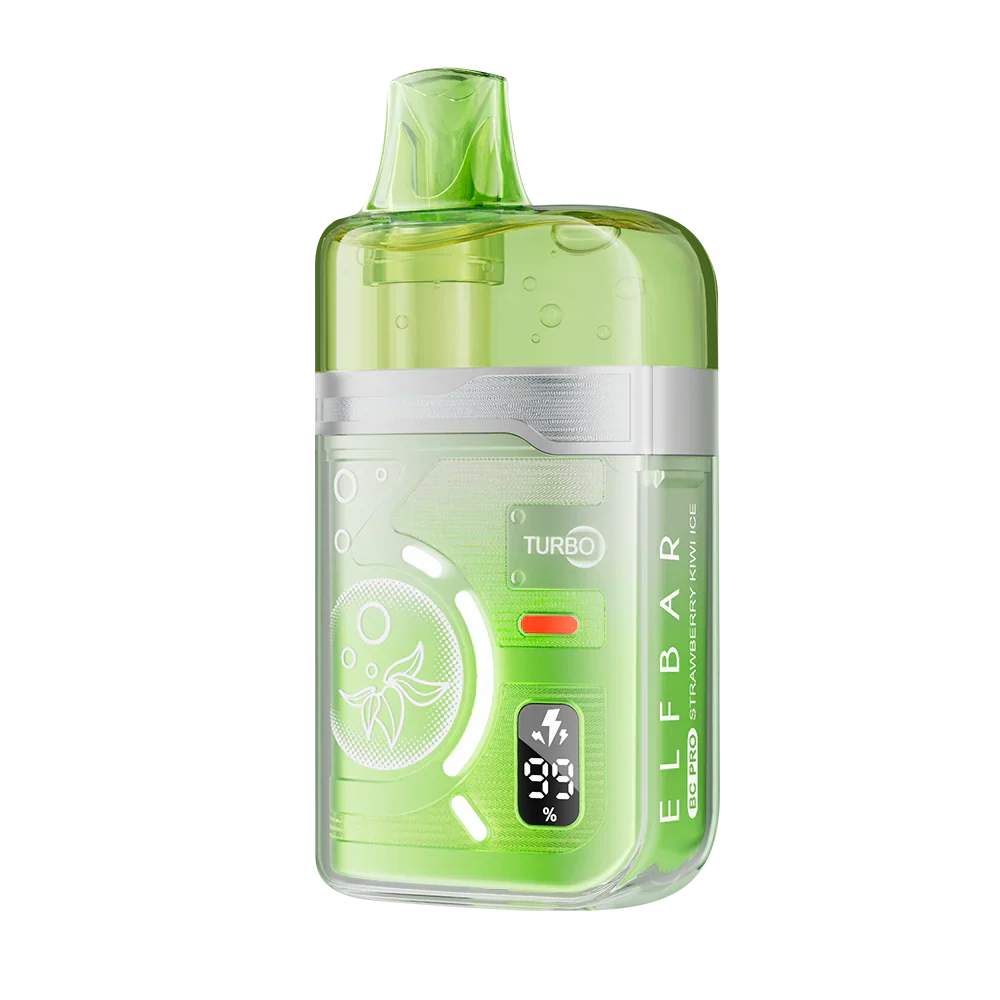 An ELFBAR BC Pro Strawberry Kiwi Ice disposable vape featuring a transparent lime green shell with a digital battery display and Turbo mode indicator.