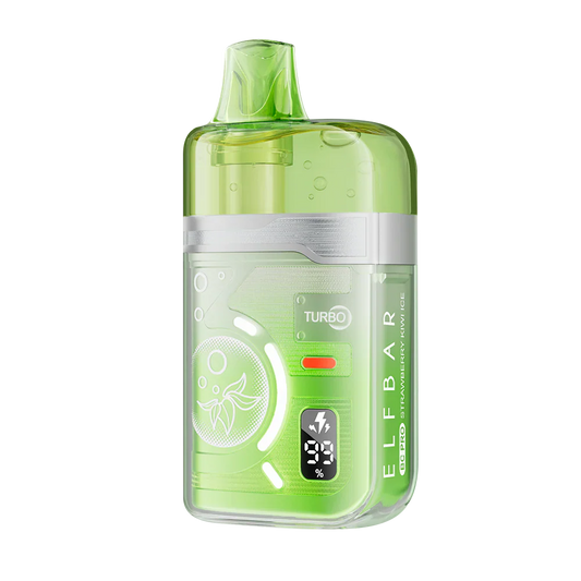 An ELFBAR BC Pro Strawberry Kiwi Ice disposable vape featuring a transparent lime green shell with a digital battery display and Turbo mode indicator.