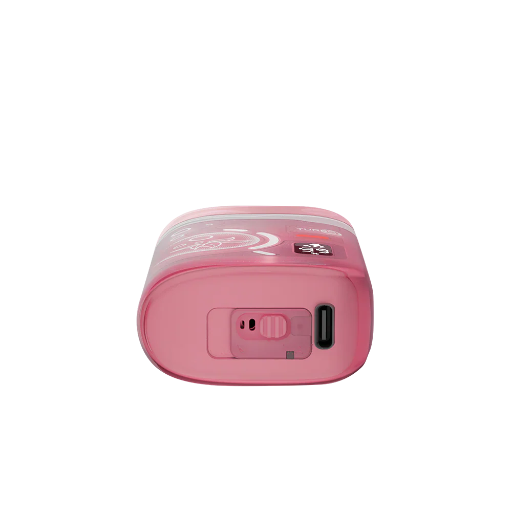 Bottom view of a pink ELFBAR BC Pro 80K Watermelon Ice disposable vape showing the USB-C charging port and airflow adjustment switch.