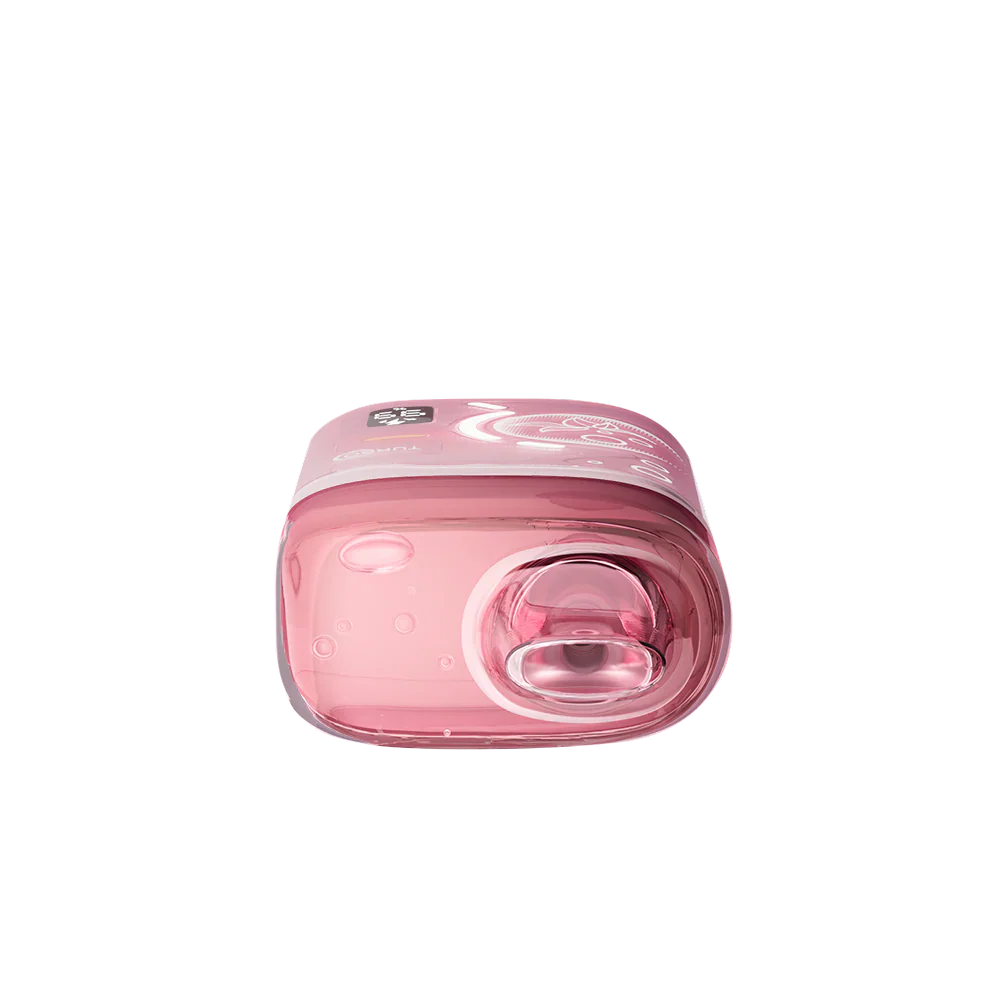 Top-down view of a pink ELFBAR BC Pro 80K Watermelon Ice disposable vape featuring a transparent mouthpiece and a digital display showing battery and e-liquid levels.