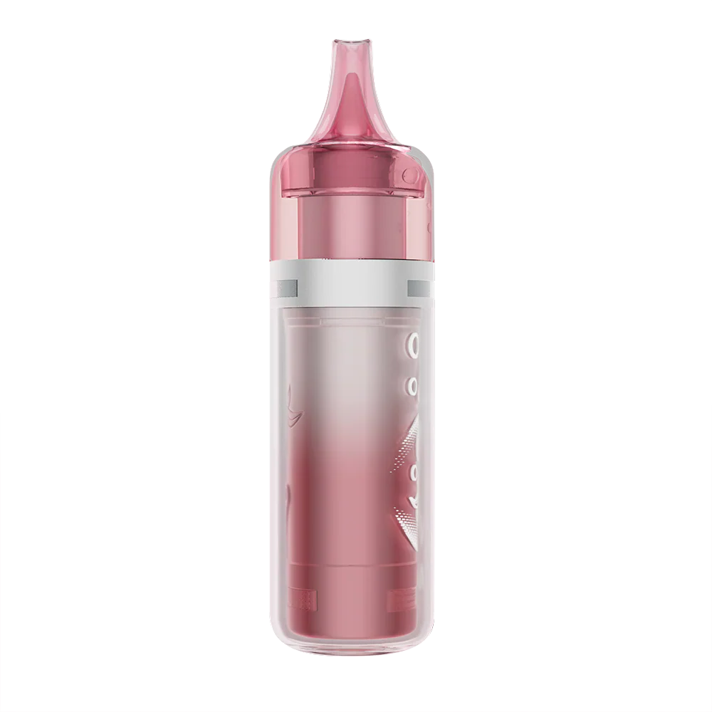 A side profile of the ELFBAR BC Pro 80K Watermelon Ice disposable vape featuring a translucent pink mouthpiece and a metallic pink body encased in a clear outer shell.