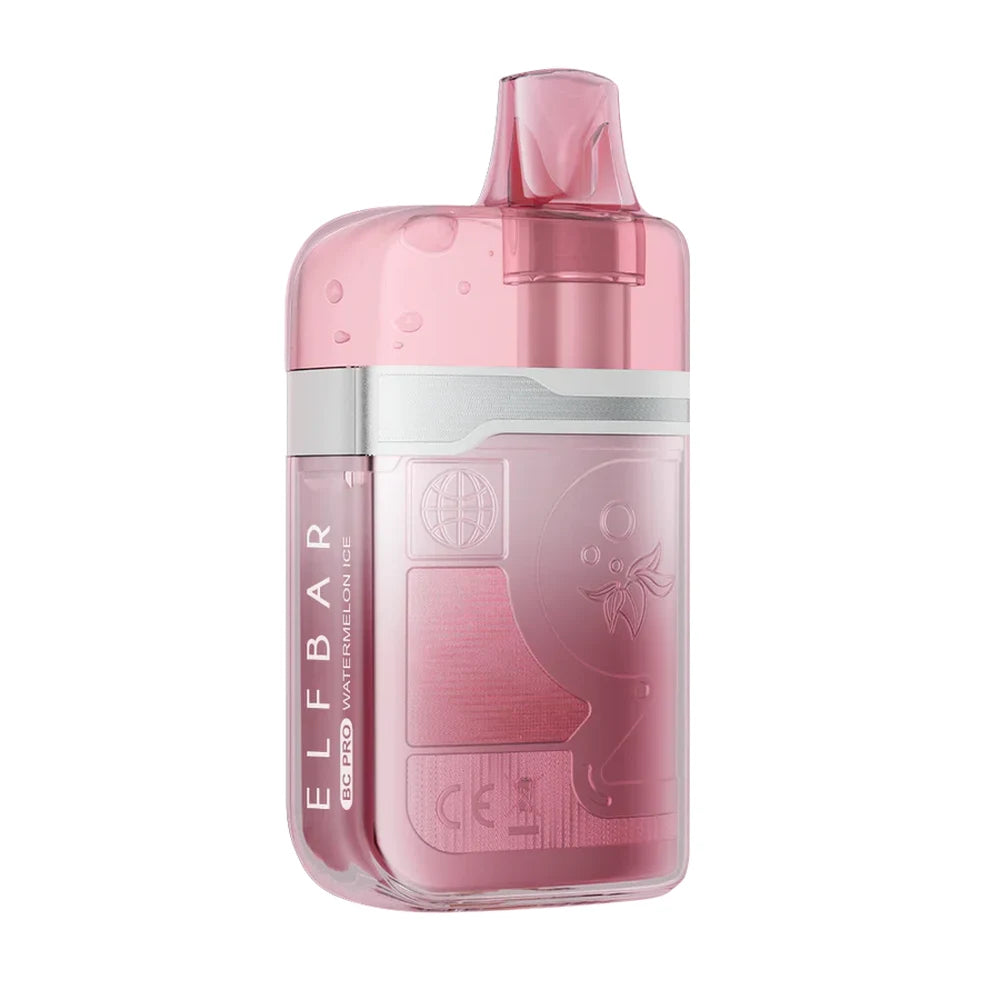 An ELFBAR BC Pro 80K Watermelon Ice disposable vape featuring a translucent pink shell with a silver band and visible internal components, labeled with ELFBAR BC PRO Watermelon Ice text.