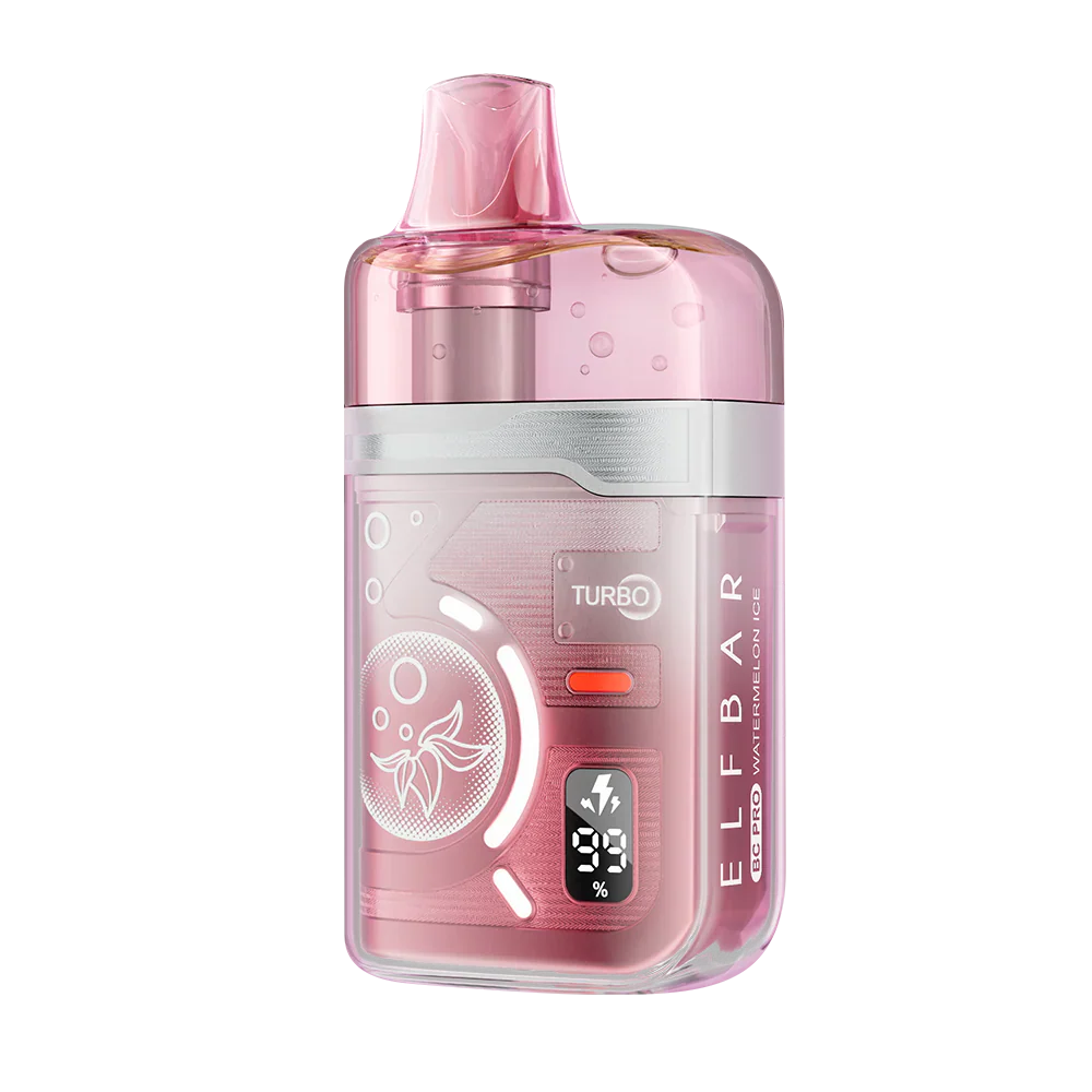 ELFBAR BC Pro 80K Watermelon Ice disposable vape featuring a translucent pink shell, a digital battery and e-liquid percentage display, and a Turbo mode indicator.
