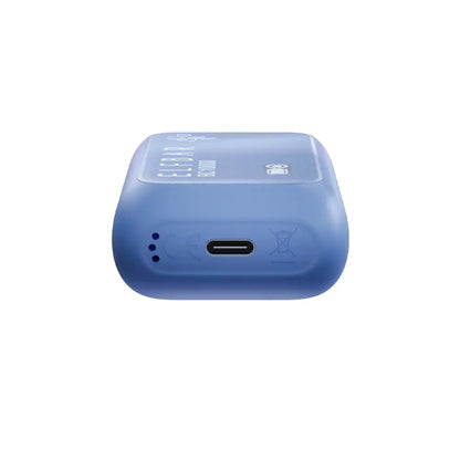 Bottom view of a light blue ELFBAR BC10000 disposable vape showing the USB-C charging port, air intake holes, and regulatory icons against a white background.