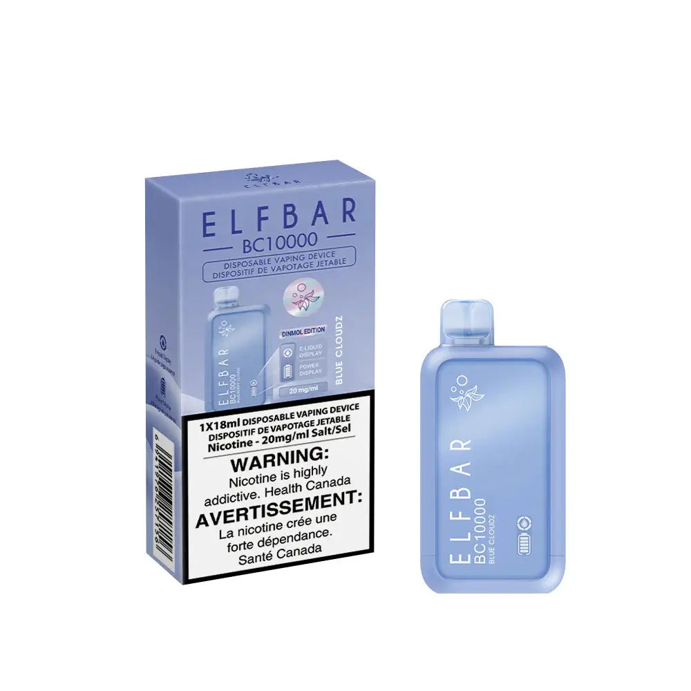 The ELFBAR BC10000 Blue Cloudz disposable vape device and its matching light blue packaging featuring product specifications and a Health Canada nicotine warning.