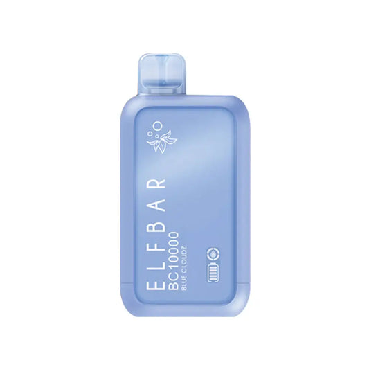 An ELFBAR BC10000 Blue Cloudz disposable vape featuring a light blue rectangular body with a translucent mouthpiece and white text displaying the brand name and flavor.