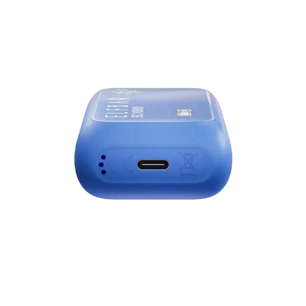 Bottom view of a blue ELFBAR BC10000 disposable vape showing a USB-C charging port, air intake holes, and regulatory symbols on a matte plastic base.