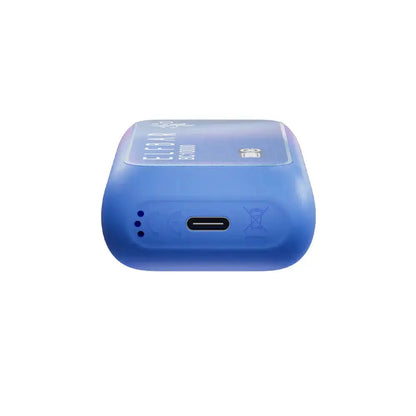 Bottom view of a blue ELFBAR BC10000 disposable vape showing a USB-C charging port, air intake holes, and regulatory symbols on a matte plastic base.