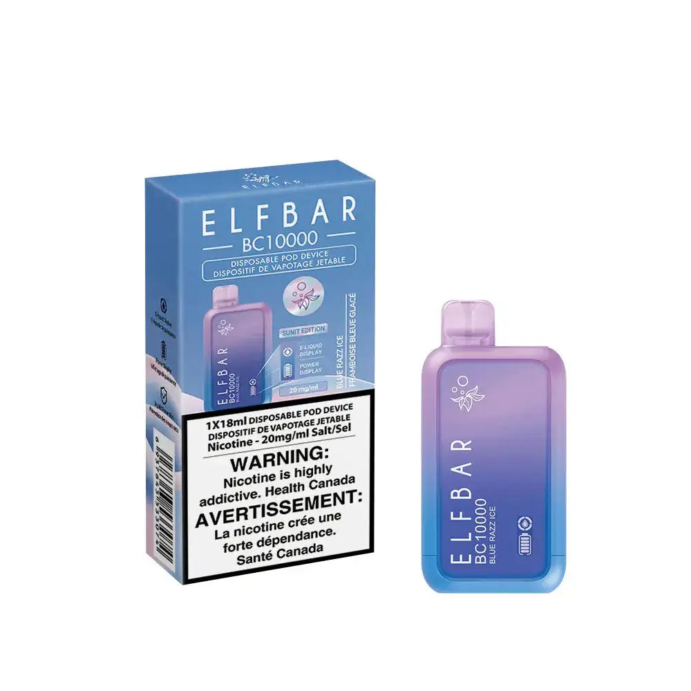 An ELFBAR BC10000 Blue Razz Ice disposable vape device with a purple and blue gradient finish stands next to its blue cardboard packaging featuring product details and a health warning.