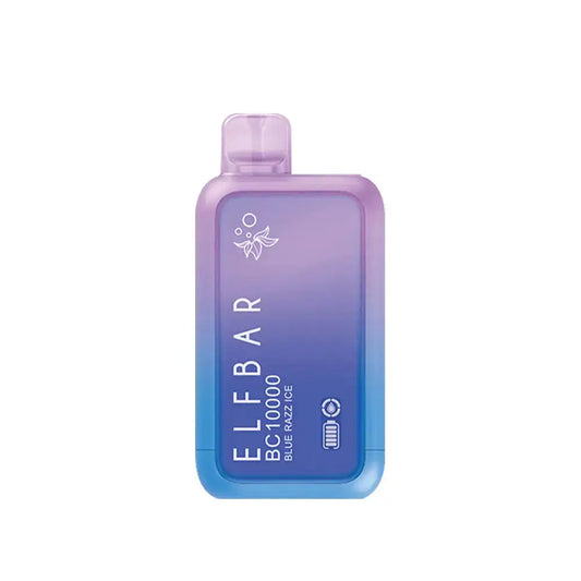 ELFBAR BC10000 Blue Razz Ice disposable vape featuring a purple and blue gradient finish with a clear mouthpiece and printed text.